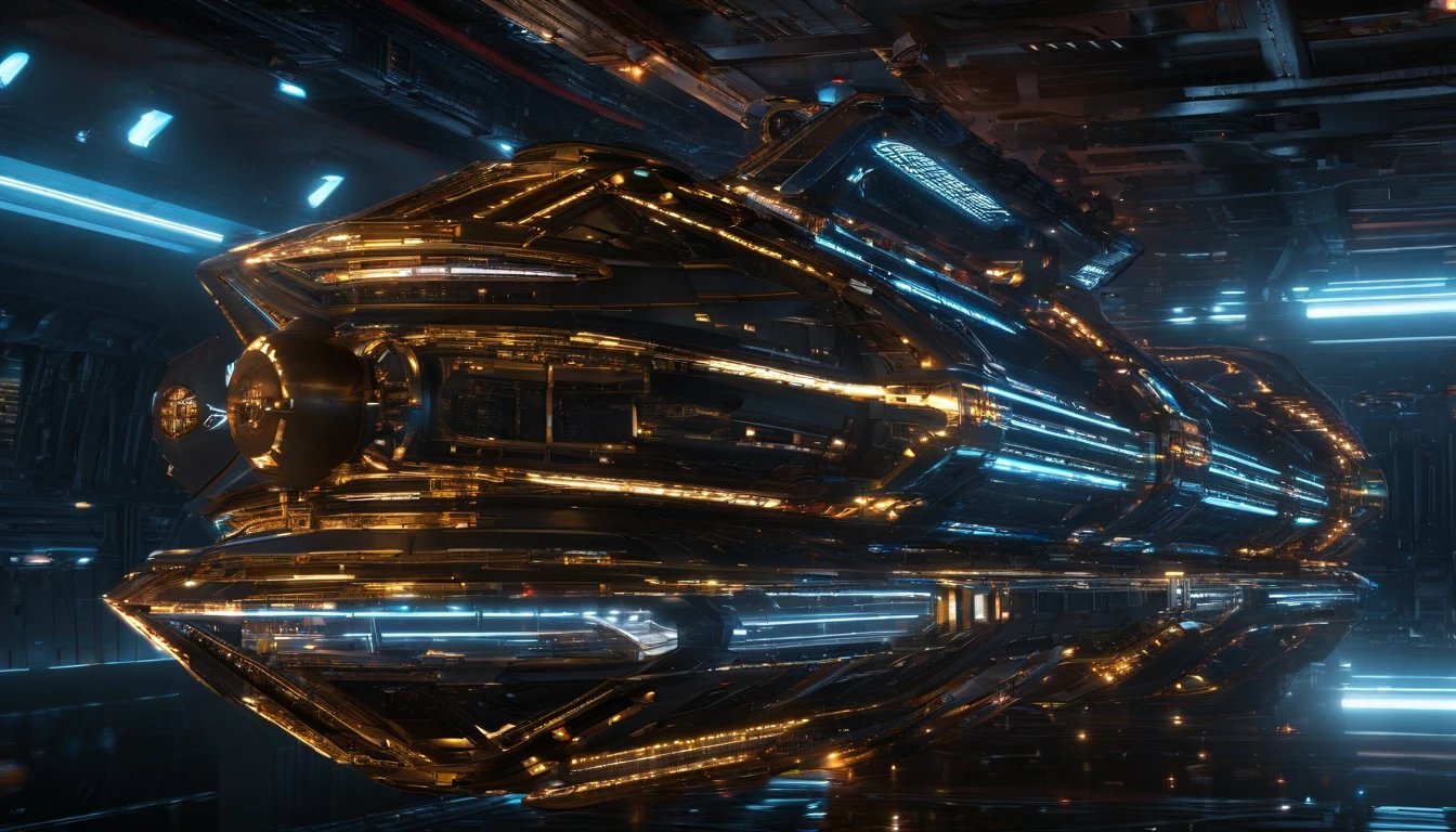 An awe-inspiring 3D render of a futuristic starship, seamlessly merging the imaginative realms of Jules Verne, Cosmicpunk, Gerry and Sylvia Anderson, Larry Niven, and Jules Verne. ((!The spaceship's base design 30% of the Babylon 5 station. The starship's bridge is a 75% version of a 1957 Chevy Nomad, and a 1980s Mack Truck cab))).An avant-garde art piece suspended in mid-air, defying gravity with its intricate and ethereal beauty. The multidimensional sculpture, inspired by a chart, is a dazzling blend of metallic and translucent materials, reflecting light in a mesmerizing array of colors and patterns. At its core: stunning 3D sculpted futuristic starship from the 24th century. The ship boasts 4 unique 9 volt battery-shaped glass diamond nacelles - two positioned above the main body and two situated at the rear, interconnected by pulsating blue conduits. The bridge of the vessel resembles a circular, elongated 1974 Winnebago suspended at the front by lemon-colored pylons. The ship's triangular body, which spans 288 feet, is adorned in a captivating palette of dark orange, forest green, and black cherry tones. Envelopes the composition with dynamic elements such as passing meteors and a vibrant nebula-like planet featuring multicolored meteors to create an immersive cosmic spectacle. Constructed metallic steely blue wires and filament, connecting nodes and data points in a mesmerizing dance of connectivity and complexity.
 The metallic gold surface, rich forest green texture, and luxurious plum accent strip create a stunning visual effect. Fiery details adorn the sides, enhancing the starship's otherworldly appearance. The spacecraft flies near an exquisite planet with vibrant rings, a nearby nebula, and a few other ships, creating a breathtaking scene., photo, portrait photography, 3d render, cinematic, architecture, conceptual art, fashion, dark fantasy, vibrant, graffiti, ukiyo-e
