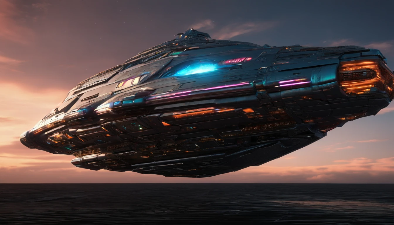 An awe-inspiring 3D render of a futuristic starship, seamlessly merging the imaginative realms of Jules Verne, Cosmicpunk, Gerry and Sylvia Anderson, Larry Niven, and Jules Verne. ((!The spaceship's base design 30% of the Babylon 5 station. The starship's bridge is a 75% version of a 1957 Chevy Nomad, and a 1980s Mack Truck cab))).An avant-garde art piece suspended in mid-air, defying gravity with its intricate and ethereal beauty. The multidimensional sculpture, inspired by a chart, is a dazzling blend of metallic and translucent materials, reflecting light in a mesmerizing array of colors and patterns. At its core: stunning 3D sculpted futuristic starship from the 24th century. The ship boasts 4 unique 9 volt battery-shaped glass diamond nacelles - two positioned above the main body and two situated at the rear, interconnected by pulsating blue conduits. The bridge of the vessel resembles a circular, elongated 1974 Winnebago suspended at the front by lemon-colored pylons. The ship's triangular body, which spans 288 feet, is adorned in a captivating palette of dark orange, forest green, and black cherry tones. Envelopes the composition with dynamic elements such as passing meteors and a vibrant nebula-like planet featuring multicolored meteors to create an immersive cosmic spectacle. Constructed metallic steely blue wires and filament, connecting nodes and data points in a mesmerizing dance of connectivity and complexity.
The metallic gold surface, rich forest green texture, and luxurious plum accent strip create a stunning visual effect. Fiery details adorn the sides, enhancing the starship's otherworldly appearance. The spacecraft flies near an exquisite planet with vibrant rings, a nearby nebula, and a few other ships, creating a breathtaking scene., photo, portrait photography, 3d render, cinematic, architecture, conceptual art, fashion, dark fantasy, vibrant, graffiti, ukiyo-e