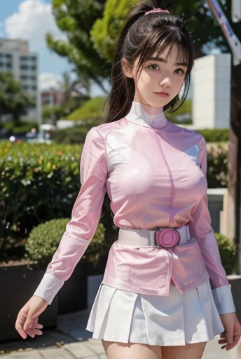 ((Pink Ranger, Same as V1)), One Girl, Beautiful 18 year old Japanese woman, Angelic, Cute Face,ponytail、High kick like a cheergirl、Lift your legs as high as possible、White pantiesを見せている、
Beautiful details, 
(Big eyes:1.3),Long eyelashes,
See-through bangs,
(Beautiful and graceful face and eyes:1.4), 
Beautiful short black hair, Beautiful smile,
(highest quality:1.2),
RAW Photos, 
High resolution, 
Perfect detail, 
Professional photography, mini skirt、White panties、
Professional Lighting, (メタリックコーラルマゼンタとホワイトのヒーローmini skirtスーツ:1.3), 超タイトmini skirtスーツ, belt, Huge breasts, Beautiful legs, Strong lighting in bodysuit,at the park, Sexy Appearance:1.2, Full body portrait