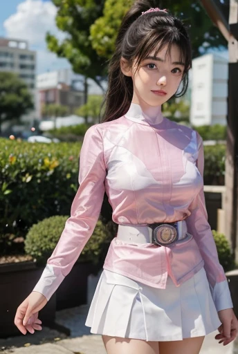 ((Pink Ranger, Same as V1)), One Girl, Beautiful 18 year old Japanese woman, Angelic, Cute Face,ponytail、High kick like a cheergirl、Lift your legs as high as possible、White pantiesを見せている、
Beautiful details, 
(Big eyes:1.3),Long eyelashes,
See-through bangs,
(Beautiful and graceful face and eyes:1.4), 
Beautiful short black hair, Beautiful smile,
(highest quality:1.2),
RAW Photos, 
High resolution, 
Perfect detail, 
Professional photography, mini skirt、White panties、
Professional Lighting, (メタリックコーラルマゼンタとホワイトのヒーローmini skirtスーツ:1.3), 超タイトmini skirtスーツ, belt, Huge breasts, Beautiful legs, Strong lighting in bodysuit,at the park, Sexy Appearance:1.2, Full body portrait