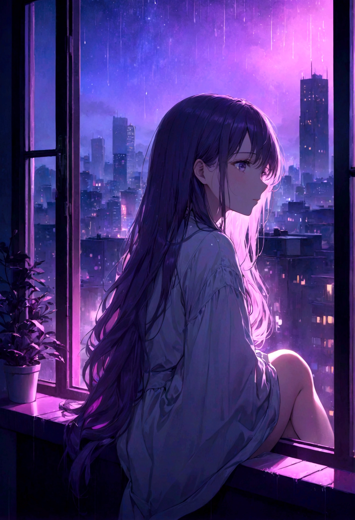 A young woman with long hair is sitting by a window in a dimly lit room, gazing out at a neon-lit cityscape under a midnight sky. The room is bathed in soft pink and purple hues from the neon lights outside. The scene has a dreamy and melancholic atmosphere, with raindrops gently falling on the window. The woman appears thoughtful and contemplative, adding to the overall emotional and evocative mood of the image.A single evocative moment at midnight.anime.
