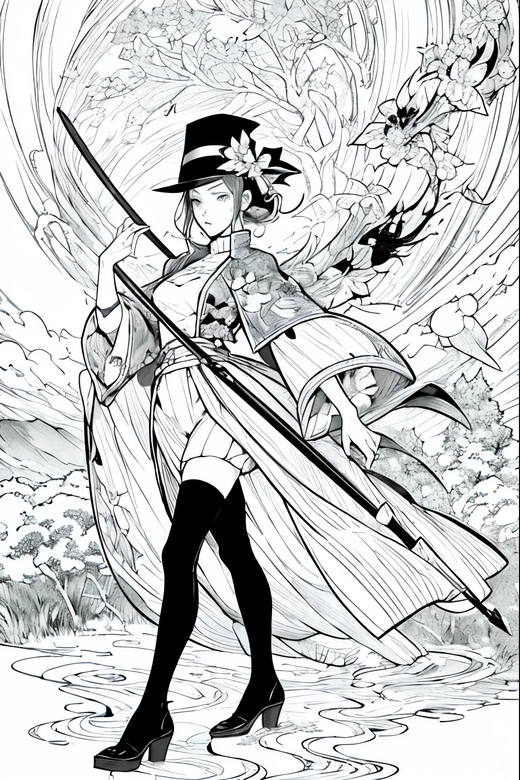 A painting of a costumed woman holding a hat and a walking stick, Manga drawn by Junpei Sato, Pixiv, Gothic art, pencil and Ink Manga, Beautiful line art, Pencil and ink cartoon, Shirow Masamuneスタイル, Shirow Masamune, Ink Manga, Very detailed fan art, Complex manga drawing