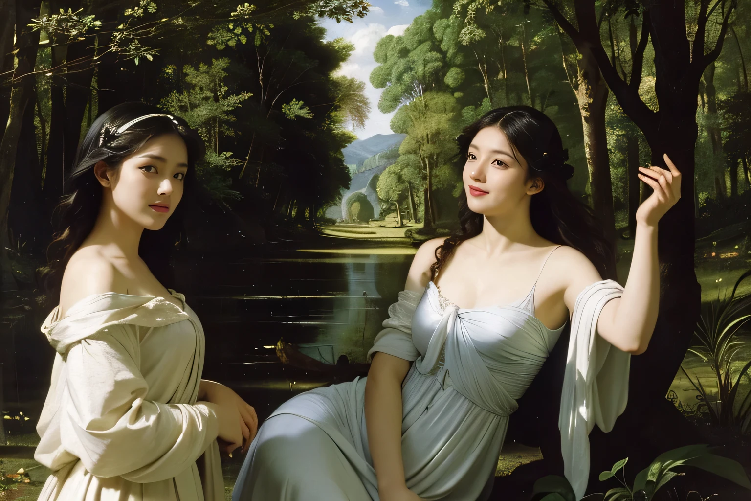 Giorgione painting style,Barbizon forest A beautiful woman in Greek dress smiles on the shore,Sweet and seductive appearance.、Caravaggio's paintings、Chiaroscuro of Caravaggio、hair tousled by the wind,Two women frolicking,cute smile, expression of ecstasy,Sexy,erotic, full body portrait