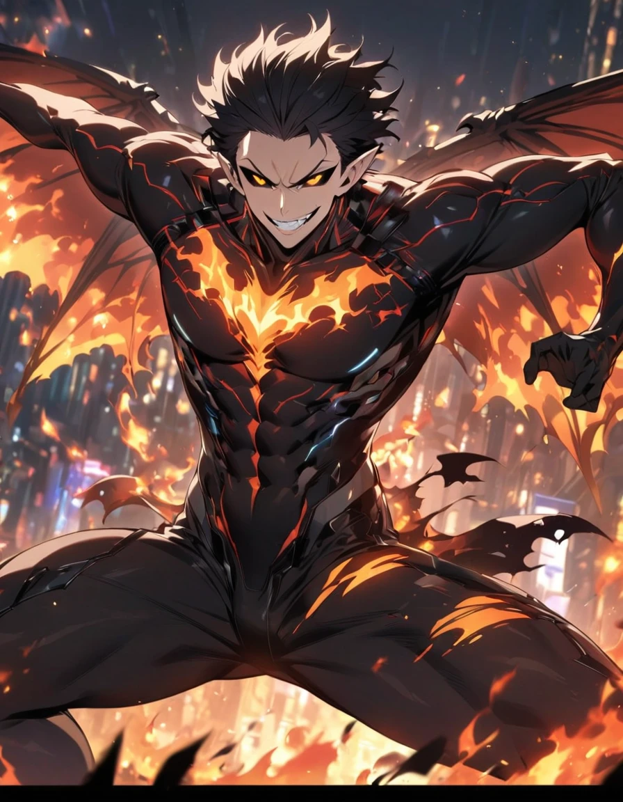 Best quality, One, handsome, 1 man, with a sporty body, V-shaped body, wide shoulders, in a black British suit (torn and burned suit), crazy and toothy smile, large fire wings of a bat, sharp ears, short hair, black hair, model hair, black sclera and blood-red iris of the eyes and pupils of the reptile, flames break out of it, it is full on fire and covered with lights, fiery threads, black light