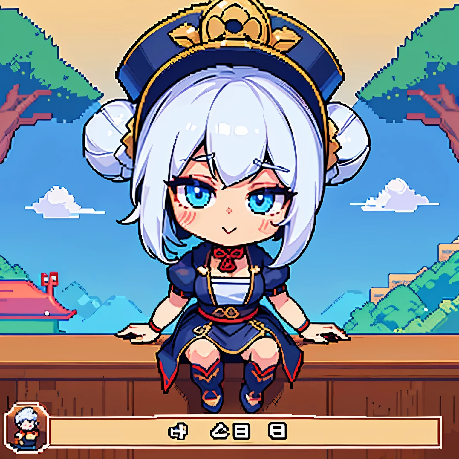 (8K, best quality, master piece: 1.2), super high resolution, (Pixel art:1.2),1 cute girl,(chibi:1.4),full body,white hair,double bun,blue eyes,jiangshi, side scrolling, action game, Goldfish Art Exhibition