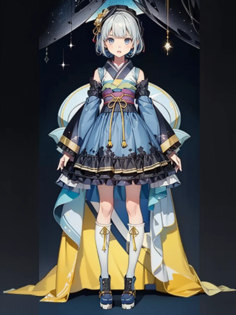 (((1girl)))、Star Fairy、vtuber-fullbody、(((highest quality、Masterpiece、The best composition、Golden Ratio、Official Art、Super detailed、Super detailedな目)))、ultra detailed, from front, headshot、 blue and white hair color、Short bangs above eyebrows、Short Hair、Standing in front of the viewer、A galaxy patterned outfit made from a remake of kimono and gothic ta, with dark blue and light blue as the main colors.、mini skirt、The sleeves are long and the hands are hidden、Knee-high boots、Pure white simple background、