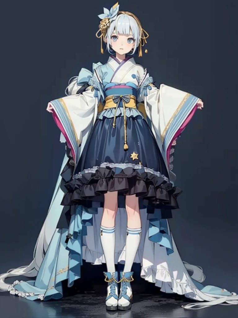 (((1girl)))、Star Fairy、vtuber-fullbody、(((highest quality、Masterpiece、The best composition、Golden Ratio、Official Art、Super detailed、Super detailedな目)))、ultra detailed, from front, headshot、 blue and white hair color、Short bangs above eyebrows、Short Hair、Standing in front of the viewer、A galaxy patterned outfit made from a remake of kimono and gothic lolita, with dark blue and light blue as the main colors.、mini skirt、The sleeves are long and the hands are hidden、Knee-high boots、Pure white simple background、