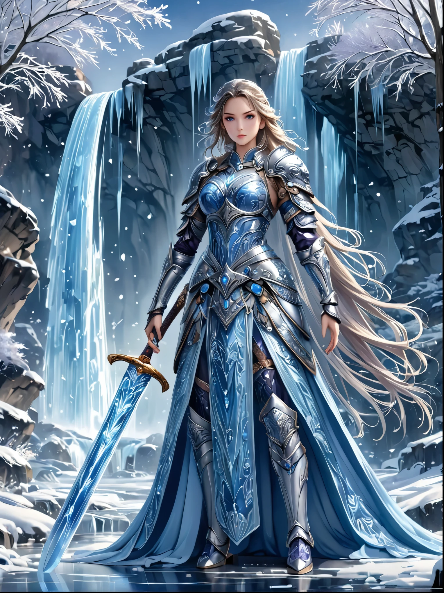 Fantasy World，Elegant female warrior，Dressed in stunning armor and costumes，Ice blue and silver，Decorated with intricate frost patterns，Gorgeous design，Wields a huge and beautiful two-handed greatsword，Cold and crystal，Her hair is a waterfall of noble silver，Dark purple eyes，full-body shot，Cartoon Style，Super Detail，Anatomically correct, masterpiece, accurate, textured skin, super detail, high details, award winning, 8k