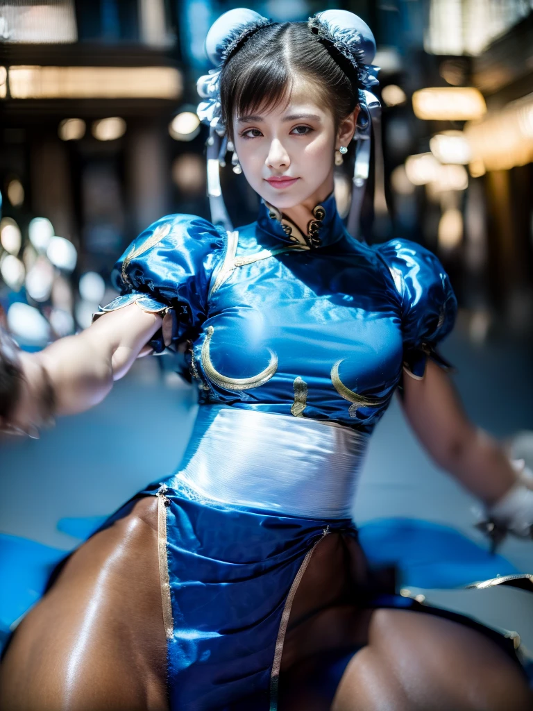 (((High Kick)))、Chun-Li from Street Fight II,The perfect Chun-Li costume,Blue Chinese dress with gold lines,Bun Head,Good cover,Fighting Pose,masterpiece、1 beautiful girl、Fine Eyes、Puffy eyes、highest quality, 超High resolution, (reality: 1.4), Cinema Lighting、Japanese、Asian Beauty、Korean、so beautiful、Beautiful Skin、Body facing forward、Face close-up、(超reality的な)、(High resolution)、(8k)、(Very detailed)、(美しくFine Eyes)、(Very detailed)、 (wall-)、Detailed face、Bright lighting、Professional Lighting、Looking at the audience、Look straight ahead、Diagonal bangs、Nogizaka Idol、Korean Idol、masterpiece, highest quality, masterpiece, highest quality, Perfect Face, Perfect brown eyes with white sclera, Bad move -5, alone, 1 girl, Upper Body, Brown Hair, From SF2, Chinese Language Services, smile, Muscular woman, Blue clothes, pantyhose, Pelvic Curtain, Puff short sleeves, Good cover, sash, evaluation:safety