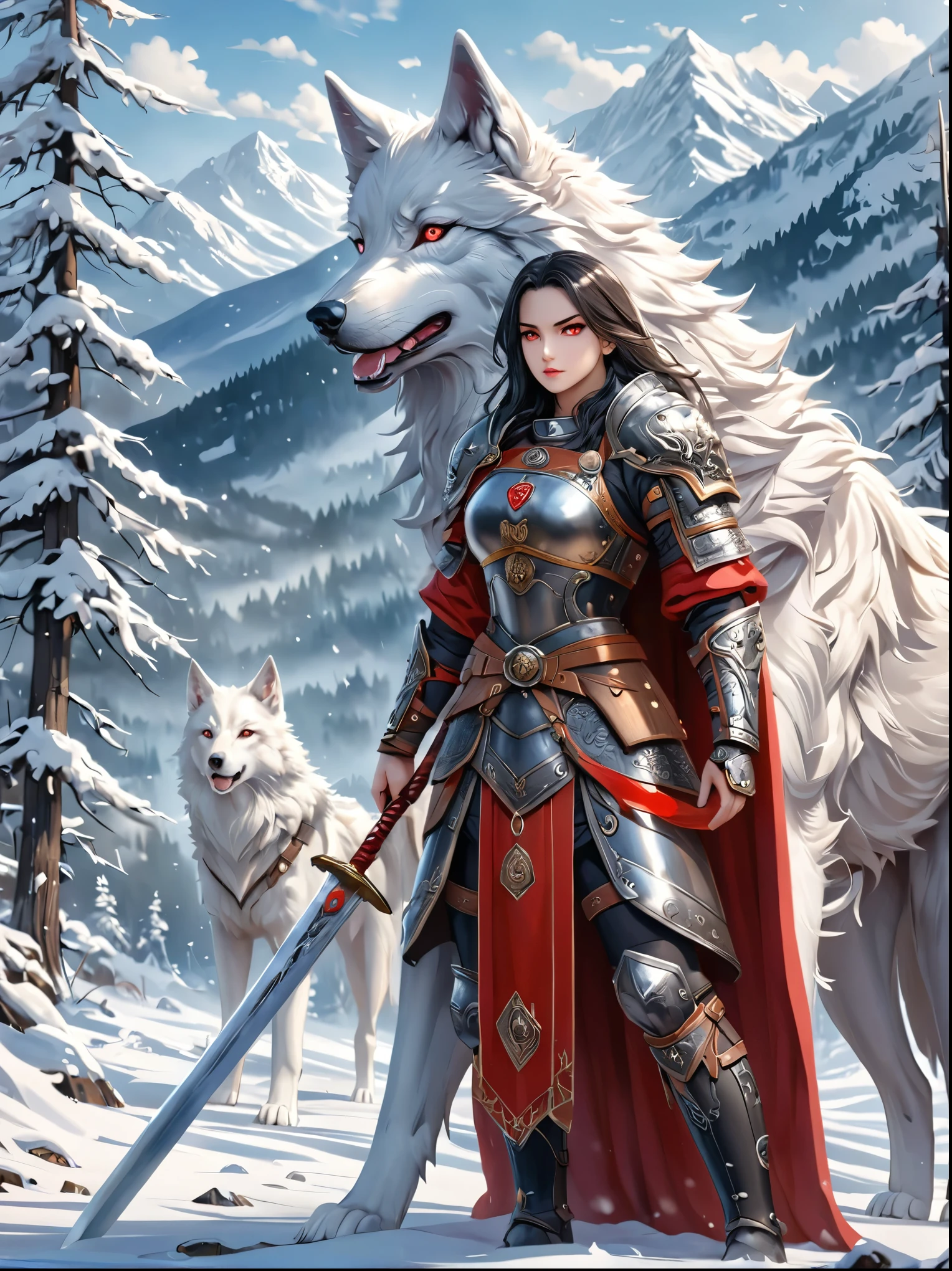 north female warrior，Wears a steel breastplate with wolf decoration，Lined with wolf leather，Lined leather amulet，Black long hair，Violet eyes，Wielding a long sword，(1 red-eyed albino direwolf standing beside her)，Mountains，Quiet snow forest，full-body shot，Cartoon Style，Super Detail，Anatomically correct, masterpiece, accurate, textured skin, super detail, high details, award winning, 8k