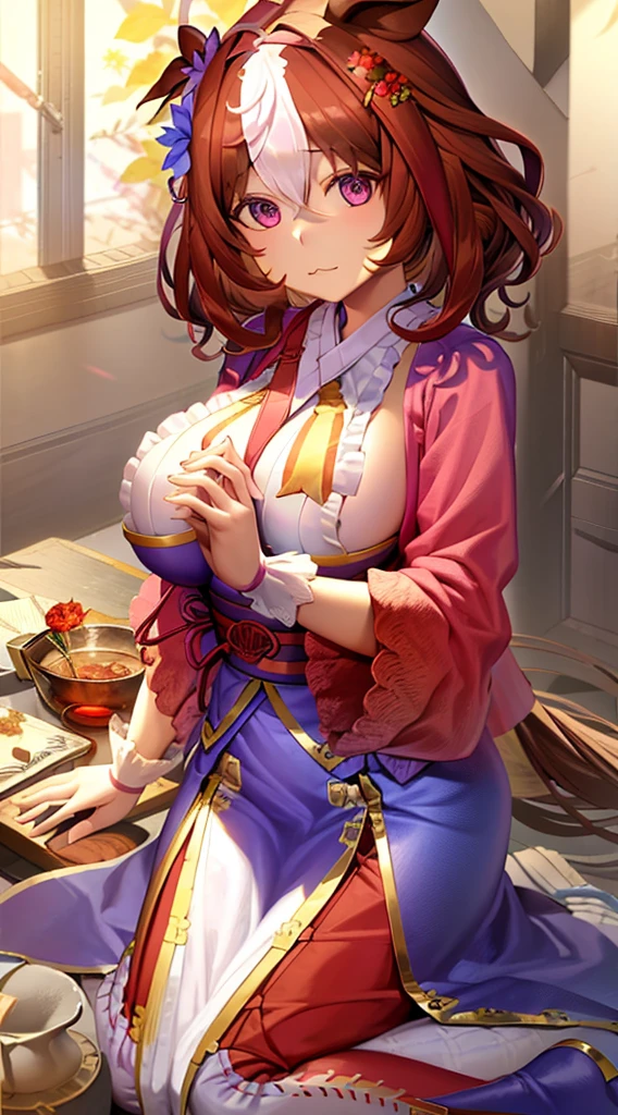 1girl, solo, long hair, looking at viewer, smile, bangs, hair ornament, ribbon, closed mouth, hair ribbon, flower, ahoge, japanese clothes, hair flower, kimono, parted bangs, traditional media, own hands together, praying,