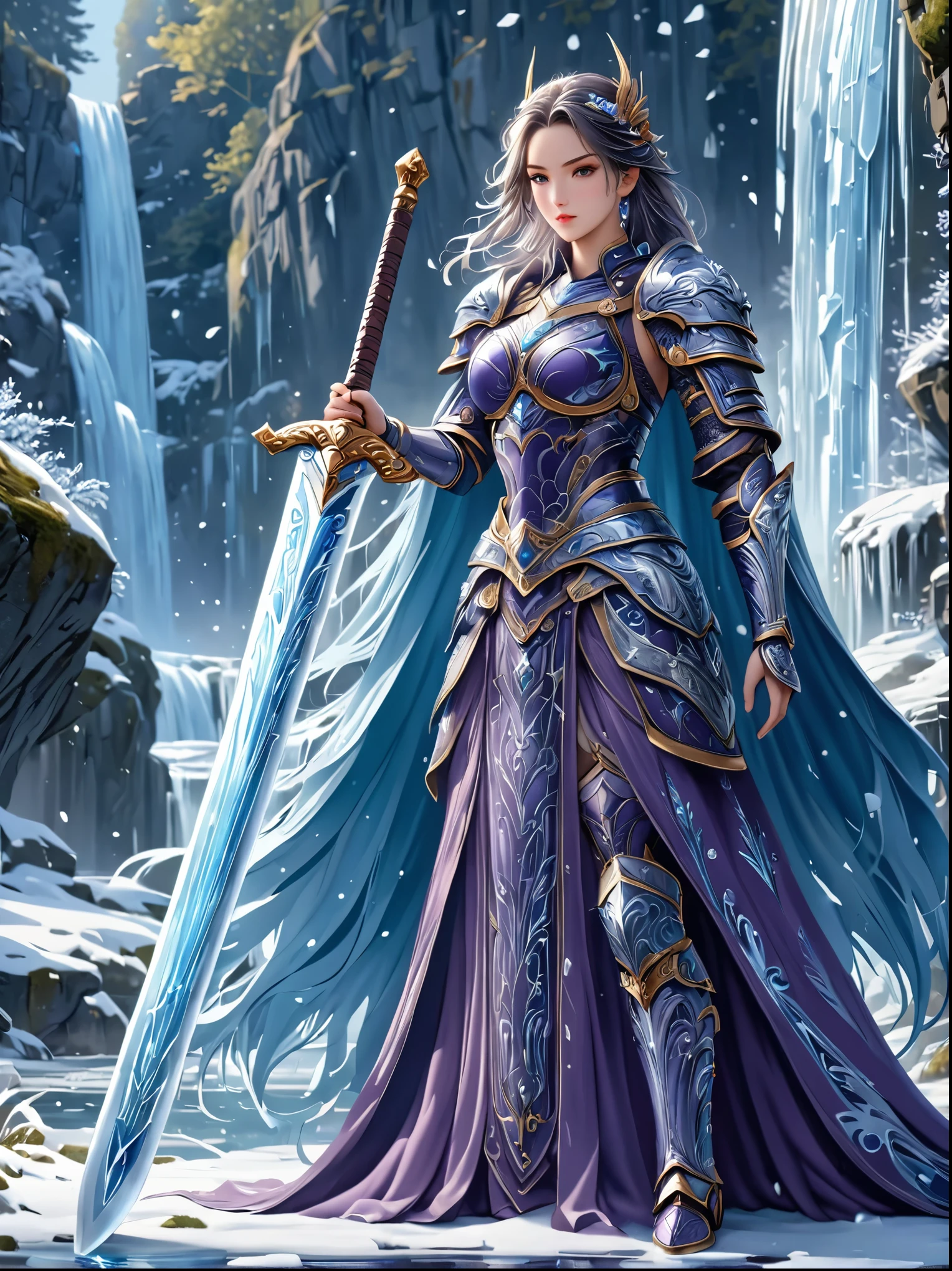 Fantasy World,Elegant female warrior,Dressed in stunning armor and costumes,Ice blue and silver,Decorated with intricate frost patterns,Gorgeous design,Wields a huge and beautiful two-handed greatsword,Cold and crystal,Her hair is a waterfall of noble silver,Dark purple eyes,full-body shot,Cartoon Style,Super Detail,Anatomically correct, masterpiece, accurate, textured skin, super detail, high details, award winning, 8k