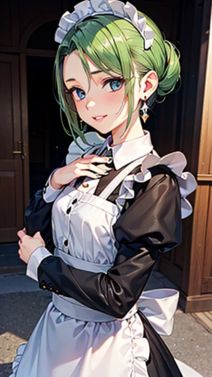 A girl is posing for a photo,pretty girl,Enchanting girl,Anime Girls,
(((One Girl,Baby Face,16 years old))),
BREAK
((Black long sleeve maid outfit with long skirt、White apron、With ruffled collar、Black Stockings、Black heel shoes))、Earrings、Black nail polish、
BREAK
((Matte green hair)), ((Chignon Hair、slicked back hair:1.4))
(Drooping eyes,blue eyes),(Small breasts),
BREAK
(Beautiful Hair,Shiny Hair),
(Expression of fine eyes,Beautiful and delicate eyes,Sparkling eyes,Eye Reflexes),
(double eyelid,Long eyelashes),
(Beautiful Nose,Thin Nose),
(Glossy lips,Beautiful Lips,Thick lips),
(Symmetrical facial features,Perfect Face),(((Detailed skin,Oily skin,Textured skin,Beautiful Skin))),
BREAK
(Wicked Smile),
((noon、Western-style architecture:1.4、corridor、sunlight)),((Dynamic Pose、Hand on chin、Face the viewer、Upper Body Shot)),
BREAK
(((highest quality)),((masterpiece)),((Very detailed))),((High resolution),(8k),(16k,1080p),(Anime 2D Rendering)),(Anatomically correct),
((Realistic)), (The best CG),Highly detailed art,CG illustration,
