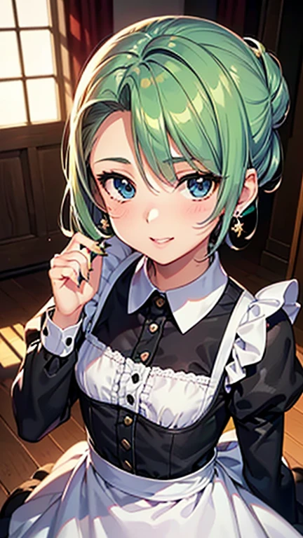 A girl is posing for a photo,pretty girl,Enchanting girl,Anime Girls,
(((One Girl,Baby Face,16 years old))),
BREAK 

((Black long sleeve maid outfit with long skirt、White apron、With ruffled collar、Black Stockings、Black heel shoes))、Earrings、Black nail polish、
BREAK 

((Matte green hair)), ((Chignon Hair、slicked back hair:1.4))
(Drooping eyes,blue eyes),(Small breasts),
BREAK 

(Beautiful Hair,Shiny Hair),
(Expression of fine eyes,Beautiful and delicate eyes,Sparkling eyes,Eye Reflexes),
(double eyelid,Long eyelashes),
(Beautiful Nose,Thin Nose),
(Glossy lips,Beautiful Lips,Thick lips),
(Symmetrical facial features,Perfect Face),(((Detailed skin,Oily skin,Textured skin,Beautiful Skin))),
BREAK 

(Wicked Smile),
((noon、Western-style architecture:1.4、corridor、sunlight)),((Dynamic Pose、Hand on chin、Face the viewer、Upper Body Shot)),
BREAK 

(((highest quality)),((masterpiece)),((Very detailed))),((High resolution),(8k),(16k,1080p),(Anime 2D Rendering)),(Anatomically correct),
((Realistic)), (The best CG),Highly detailed art,CG illustration,
