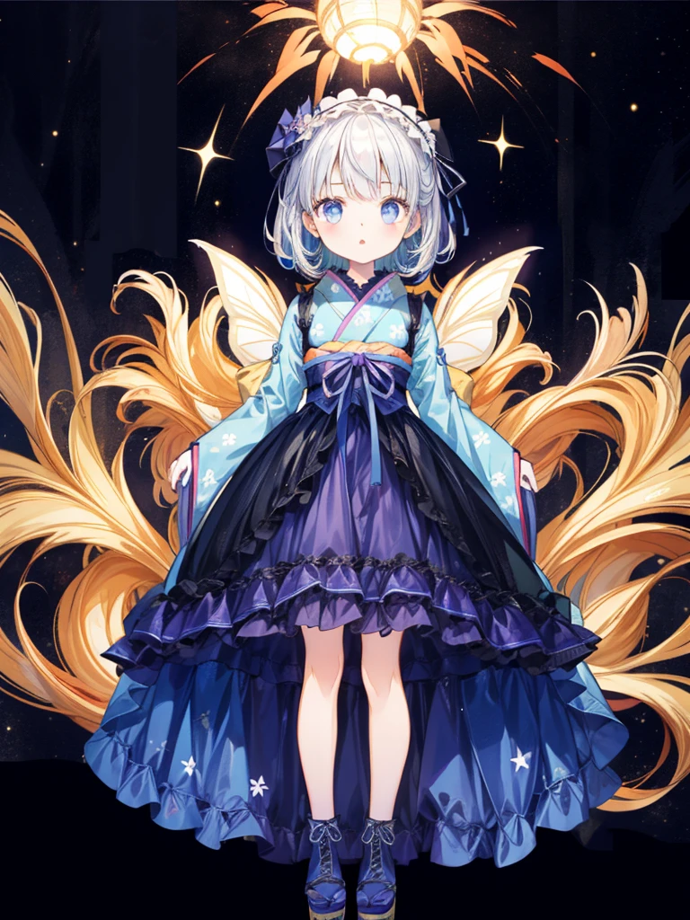 (((1girl)))、Star Fairy、vtuber-fullbody、(((highest quality、Masterpiece、The best composition、Golden Ratio、Official Art、Super detailed、Super detailedな目)))、ultra detailed, from front, headshot、 blue and white hair color、Short bangs above eyebrows、Short Hair、Standing in front of the viewer、A galaxy patterned outfit made from a remake of kimono and gothic lolita, with dark blue and light blue as the main colors.、mini skirt、The sleeves are long and the hands are hidden、Knee-high boots、Pure white simple background、