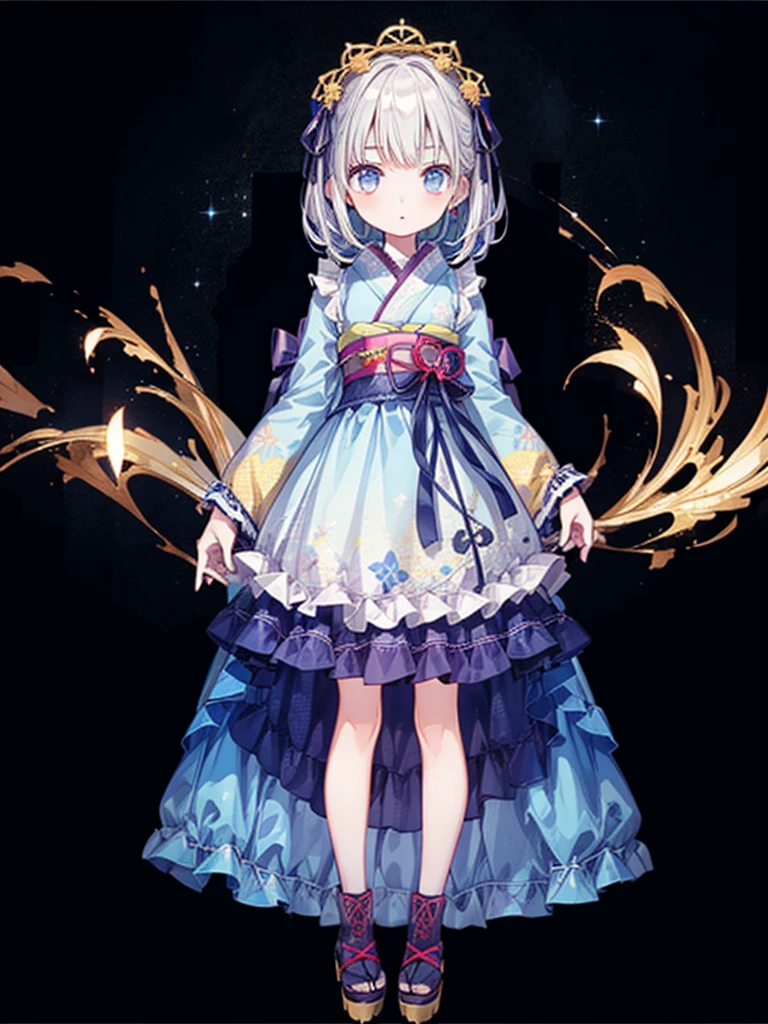 (((1girl)))、Star Fairy、vtuber-fullbody、(((highest quality、Masterpiece、The best composition、Golden Ratio、Official Art、Super detailed、Super detailedな目)))、ultra detailed, from front, headshot、 blue and white hair color、Short bangs above eyebrows、Short Hair、Standing in front of the viewer、A galaxy patterned outfit made from a remake of kimono and gothic lolita, with dark blue and light blue as the main colors.、mini skirt、The sleeves are long and the hands are hidden、Knee-high boots、Pure white simple background、