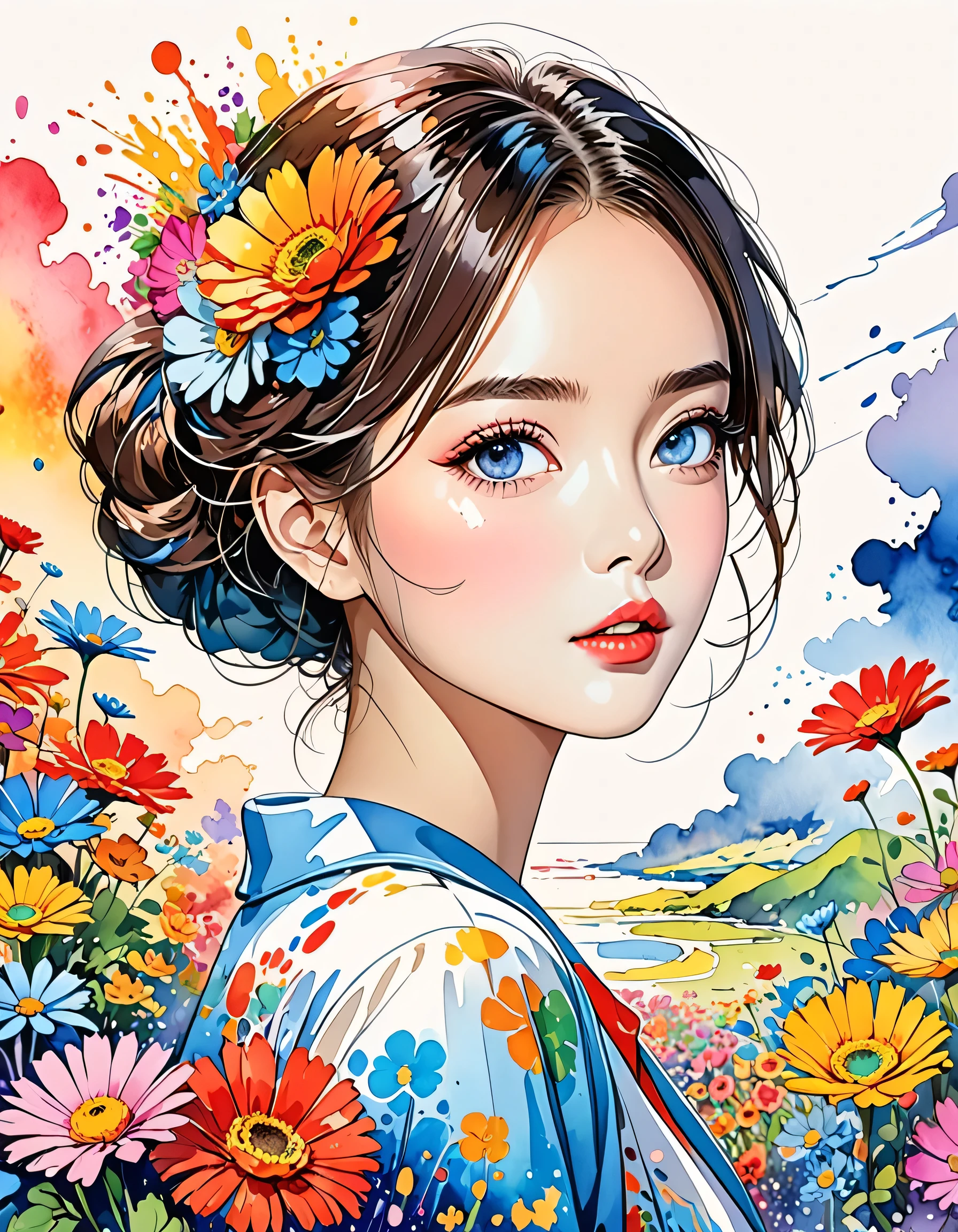 Hayao Miyazaki Style、(((stylish fashion))), 8K Quality、Intense watercolor, Detailed watercolor art, Watercolor splash, Surreal, avant-garde pop art, Beautiful and expressive paintings, Beautiful artwork illustration, Very colorful tones, wonderful, Cool beauty, highest quality、Official Art, Vector art, Stylish design, (((The most beautiful girl))), (((highest quality))), HDR, ((detailed)), (((Doodle Art)), ((masterpiece)), ((Super detailed)), (((Colorful flowers))),(((Stylish)))