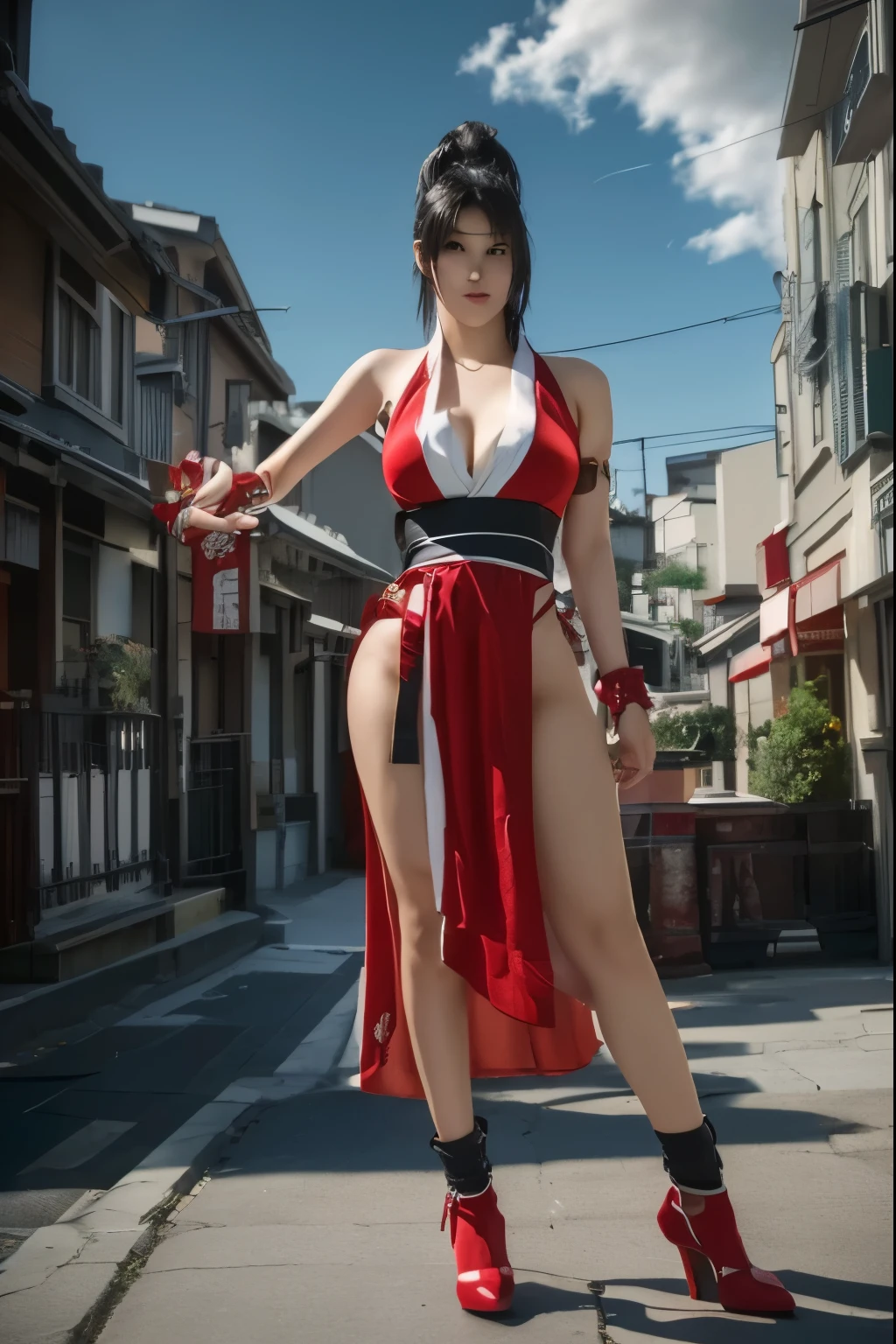 arafed woman in a red dress posing on a street, yoko matsugane as mai shiranui, mai shiranui, as a character in tekken, tifa, cosplay, anime girl cosplay, tifa lockhart, akali, she is ready to fight, sakimichan hdri, japanese goddess, anime cosplay, akali from league of legends