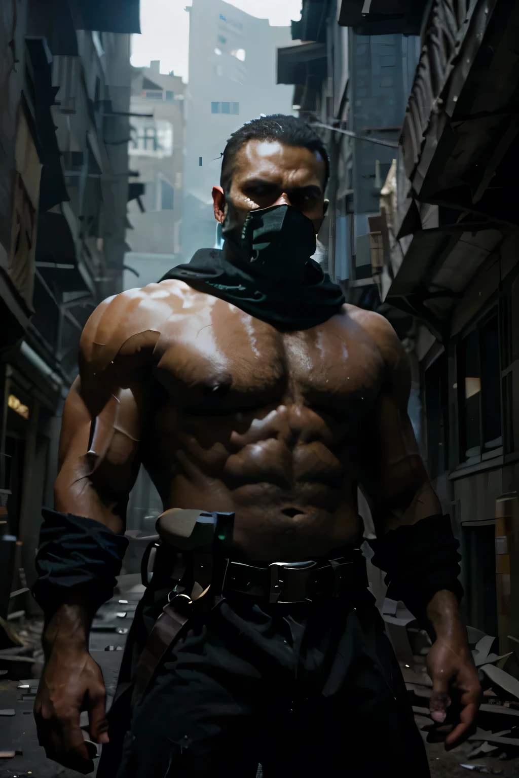 A muscular black man,detailed face,intense expression,wearing a dark mask,holding two sharp blades in his hands,powerful stance,dramatic lighting,gritty urban environment,dark moody atmosphere,cinematic camera angle,chiaroscuro lighting,high contrast,detailed textures,digital art,concept art,hyperrealistic,unreal engine,8k,best quality,ultra-detailed,photorealistic