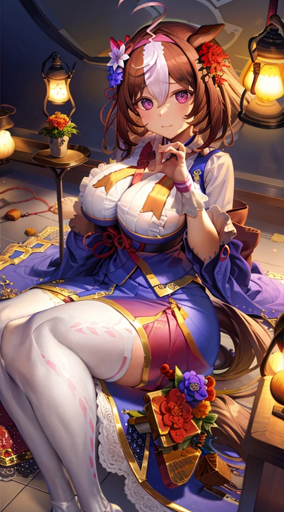1girl, solo, long hair, looking at viewer, smile, bangs, hair ornament, ribbon, closed mouth, hair ribbon, flower, ahoge, japanese clothes, hair flower, kimono, parted bangs, traditional media, own hands together, praying,