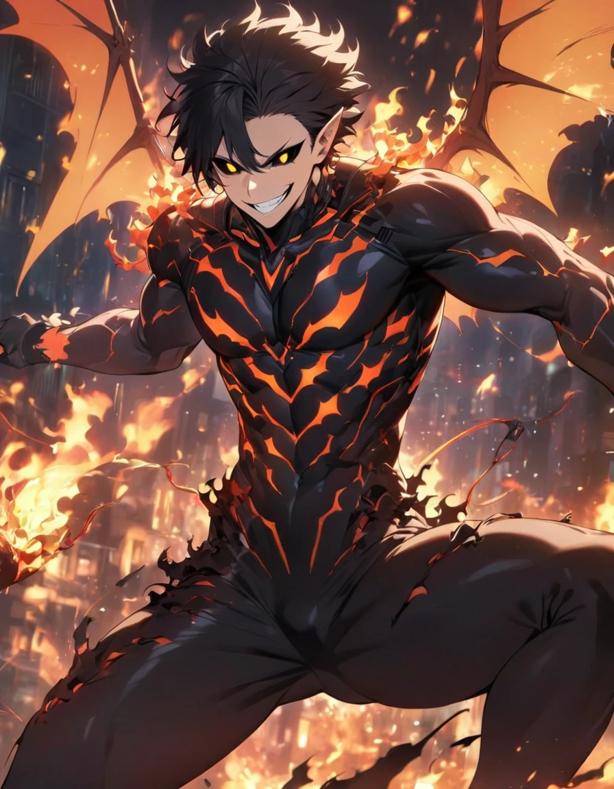 Best quality, One, handsome, 1 man, with a sporty body, V-shaped body, wide shoulders, in a black British suit (torn and burned suit), crazy and toothy smile, large fire wings of a bat, sharp ears, short hair, black hair, model hair, black sclera and blood-red iris of the eyes and pupils of the reptile, flames break out of it, it is full on fire and covered with lights, fiery threads, black light