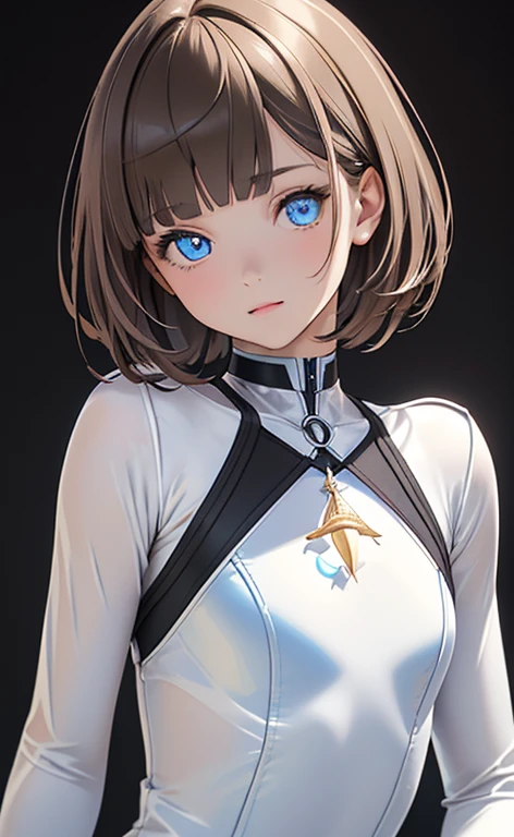 (Photorealistic:1.4)、(,20-year-old:1.5),(masterpiece、Blue Lens Filter:1.5、Blue lens flare:1.5、Blue spot light:1.2、Exquisite beautiful eye:1.5,portlate),(kind eyes、tareme:1.9),(Overall it looks blue:1.5)
、Cute Face、 3D Face、(light brown hair:1.5)、(pixie cut),(sidelock :1.5),(blunt bangs:1.3),(1 woman)、(Red eyes:1.2)、(upper body:1.5)、(clear face:1.5)、(head tilt) ,(Cute face:1.2),(flat chest),(),kind face,(white Bodysuit with cut out),(black background:1.5)、()、()、 Neat and clean、Adorable、Demure,Slim Body(),Shiny Hair、()、Nijisketch,Manga,