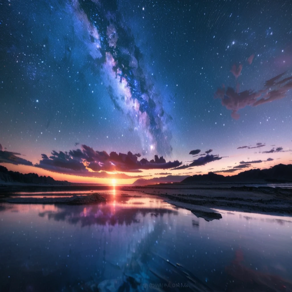 scenery, Super detailed, 8k, Starry sky, nebula, horizon, Reflective water surface, green, summer,Fantasy art, fly in the sky、greenい龍、White fort across the lake、RAW Photos、