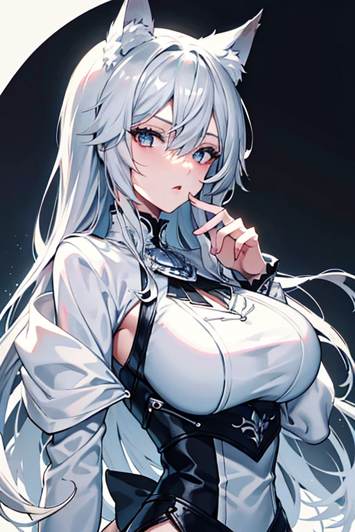 best qualtiy，tmasterpiece，The is very detailed，4K，Gray hair and shallow eyes，Drag cool expressions，Wolf ears，Erect scar on the left eye，British style，1girl，Absolutely beautiful, big bust, white costume