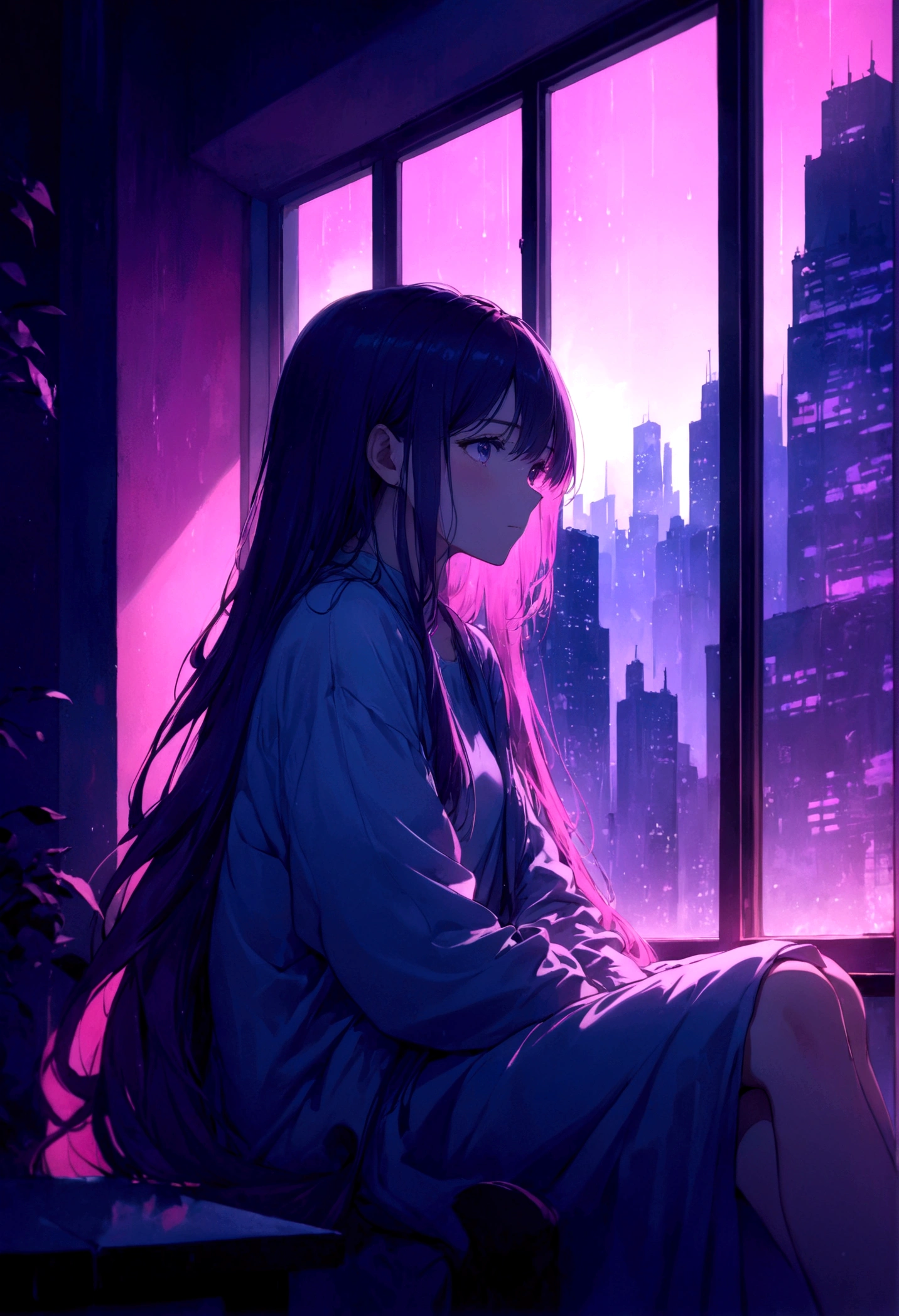 A young woman with long hair is sitting by a window in a dimly lit room, gazing out at a neon-lit cityscape under a midnight sky. The room is bathed in soft pink and purple hues from the neon lights outside. The scene has a dreamy and melancholic atmosphere, with raindrops gently falling on the window. The woman appears thoughtful and contemplative, adding to the overall emotional and evocative mood of the image.A single evocative moment at midnight.anime.
