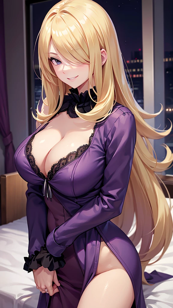 blonde、Big Breasts、lacy purple nightgown、Dark bedroom at night、Grinning face、Evil Female Executives、Upper body emphasis、Adult