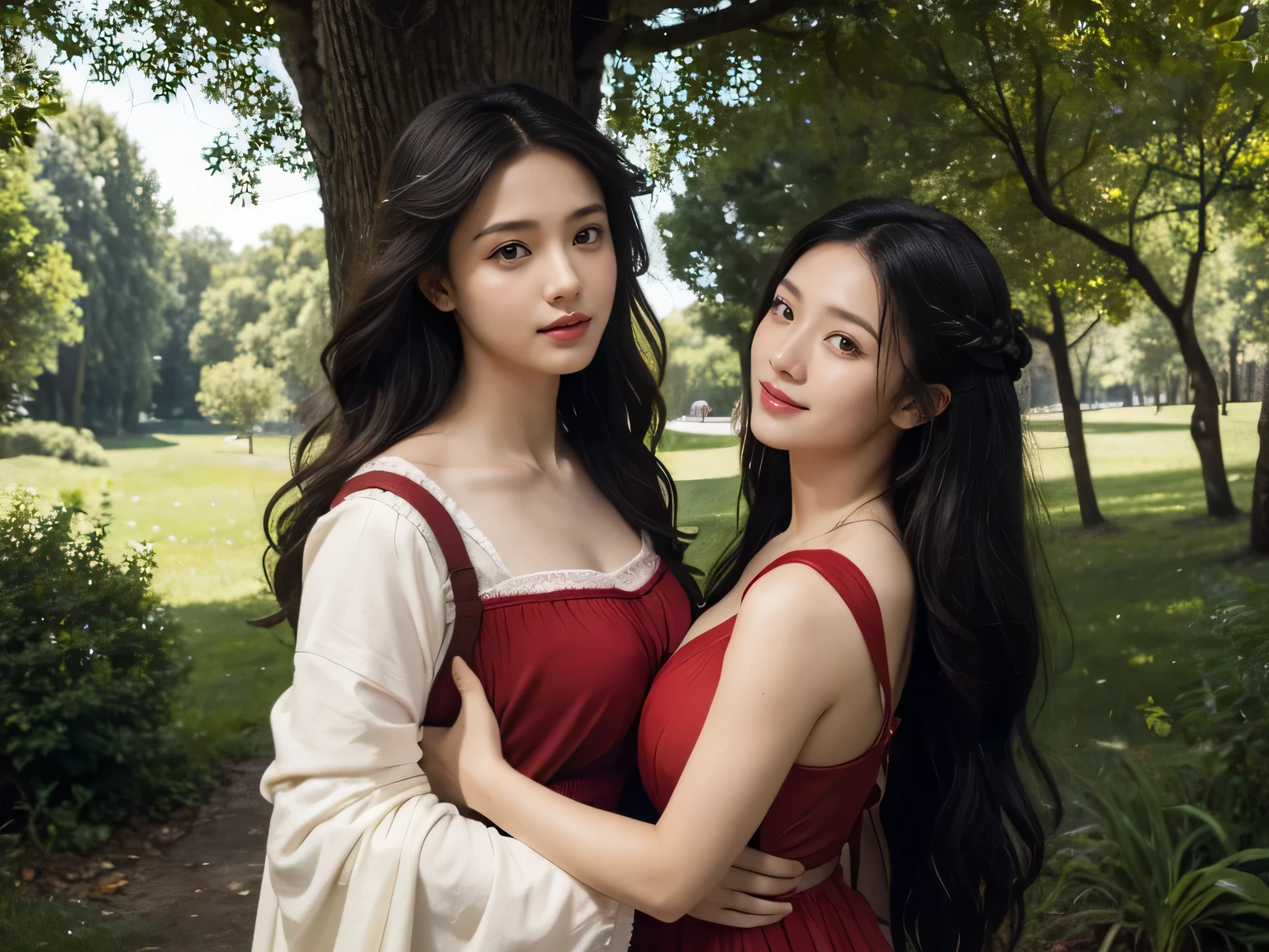 Giorgione painting style,Barbizon forest A beautiful woman in Greek dress smiles on the shore,Sweet and seductive appearance.、Caravaggio's paintings、Chiaroscuro of Caravaggio、hair tousled by the wind,Two women frolicking,cute smile, expression of ecstasy,Sexy,erotic, full body portrait