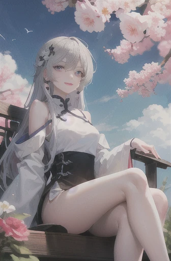 masterpiece, Excellent, daytime, outdoor, Falling Flowers, Branches, China人, China, 1 girl, Perfect Woman, Woman with long silver hair, Gray blue eyes, Light pink lips, cold, Serious, Prosperity, Purple Eyes, White clothes, black clothing series, Delicate face, Delicate face, Sitting Legs, Smile