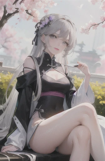 masterpiece, Excellent, daytime, outdoor, Falling Flowers, Branches, China人, China, 1 girl, Perfect Woman, Woman with long silver hair, Gray blue eyes, Light pink lips, cold, Serious, Prosperity, Purple Eyes, White clothes, black clothing series, Delicate face, Delicate face, Sitting Legs, Smile