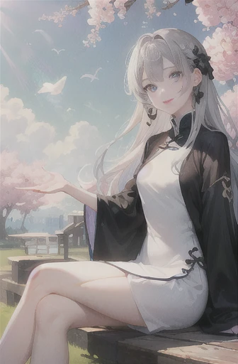 masterpiece, Excellent, daytime, outdoor, Falling Flowers, Branches, China人, China, 1 girl, Perfect Woman, Woman with long silver hair, Gray blue eyes, Light pink lips, cold, Serious, Prosperity, Purple Eyes, White clothes, black clothing series, Delicate face, Delicate face, Sitting Legs, Smile