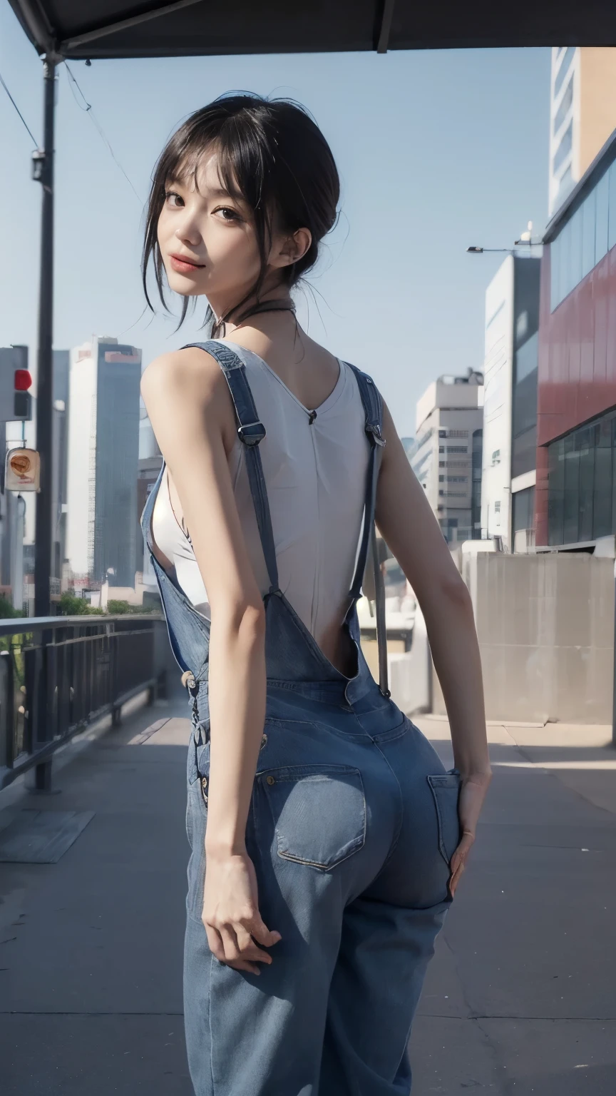 ((In the city:2.0)), ((Backwards:2.0, Point your ass to the camera:2.0, Accentuate your butt:1.8)), ((overalls:2.0)), (Clothing:2.0, overalls:2.0, Sleeveless T-shirt:1.8, sneakers:1.5), ((In the city:2.0)), ((A grin:1.2, Small breasts:1.5, slender:1.5, Small Ass:1.5)), ((Japanese, 1 Girl, 18-year-old, 7 heads, Ideal body proportions, Black Hair, With bangs, Small breasts, Erect nipples, slender, Small Ass, Beautiful feet, Skinny Legs)), Surrealism, Cinematic Lighting, Depth of written boundary, First Person View, Boobs F/1.8, 135mm, Ticker, Mastepiece, Curate, ((Anatomically correct:1.3)), Textured skin, Super Detail, High detail, High quality, Awards, Best Quality, High resolution, 8K
