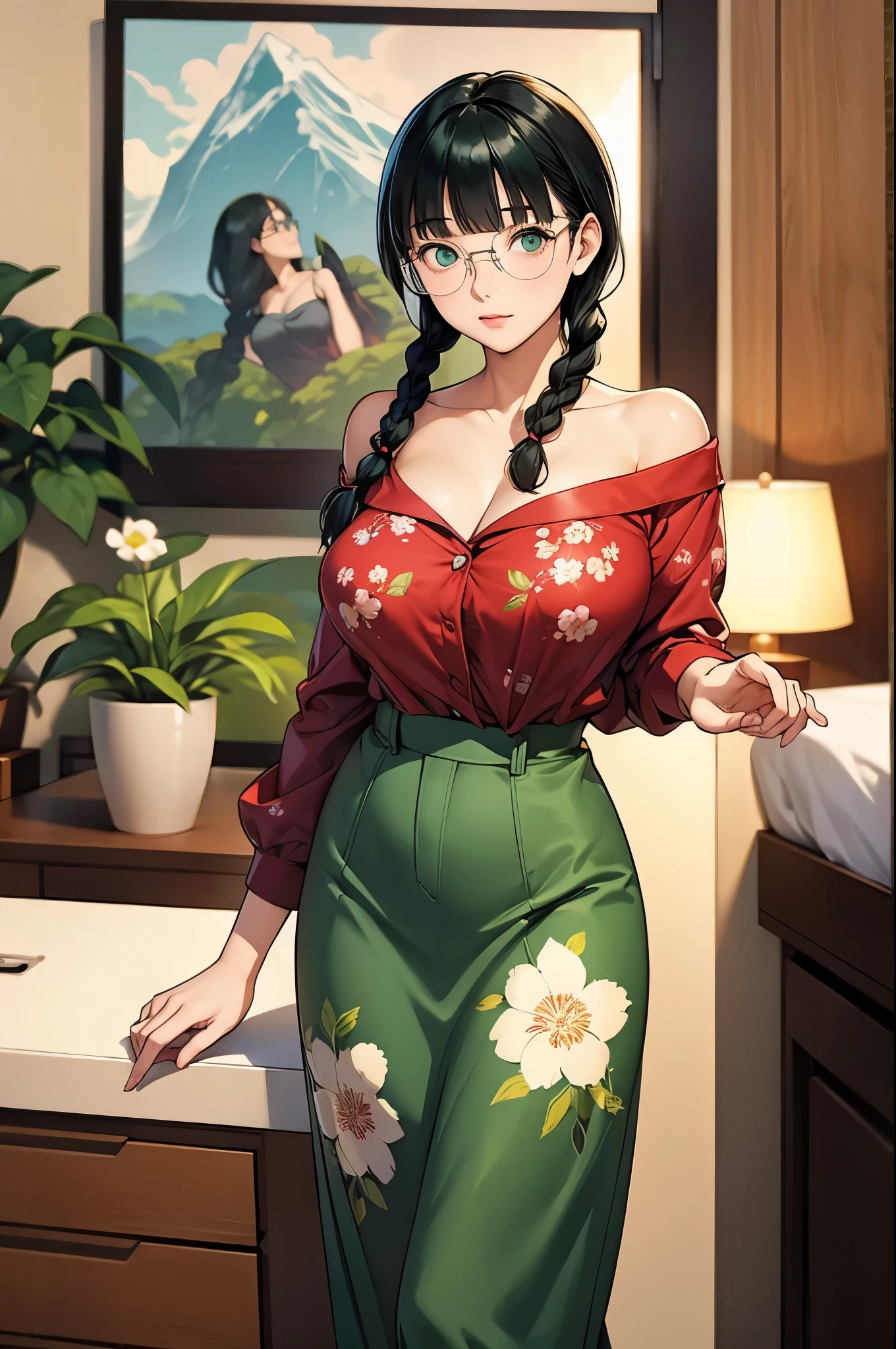 perfect eyes:1.2, detailed eyes:1.4, miyoshi, medium hair, twin braids:1, black hair, green eyes, glasses, leaning forward, metal frame glasses, blunt bangs, fringe, indoors, huge breasts, narrow waist, long skirt, floral print, cleavage, red shirt, off shoulder, beautiful body, medium full shot, thigh-level shot, 1girl,(masterpiece:1.6, best quality),