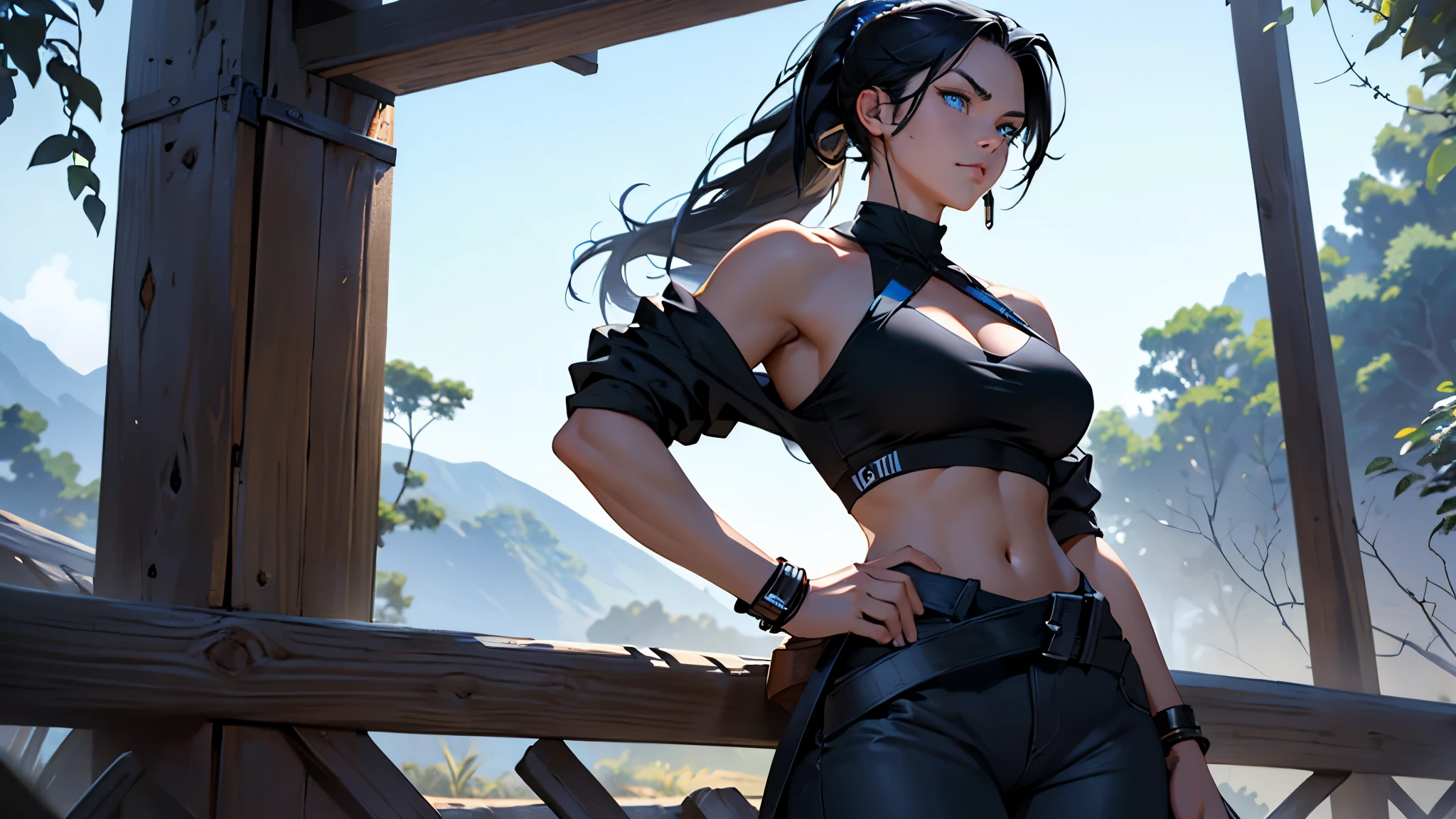 4k ultra HD image from the waist up, solo, character art, very detailed, perfect lighting, very beautiful human woman with a round face, fierce blue eyes, very long blue-black hair in a high braided ponytail, a determined look on her face, wearing a blue halter-top and black pants, standing, slightly leaning against a wooden fence