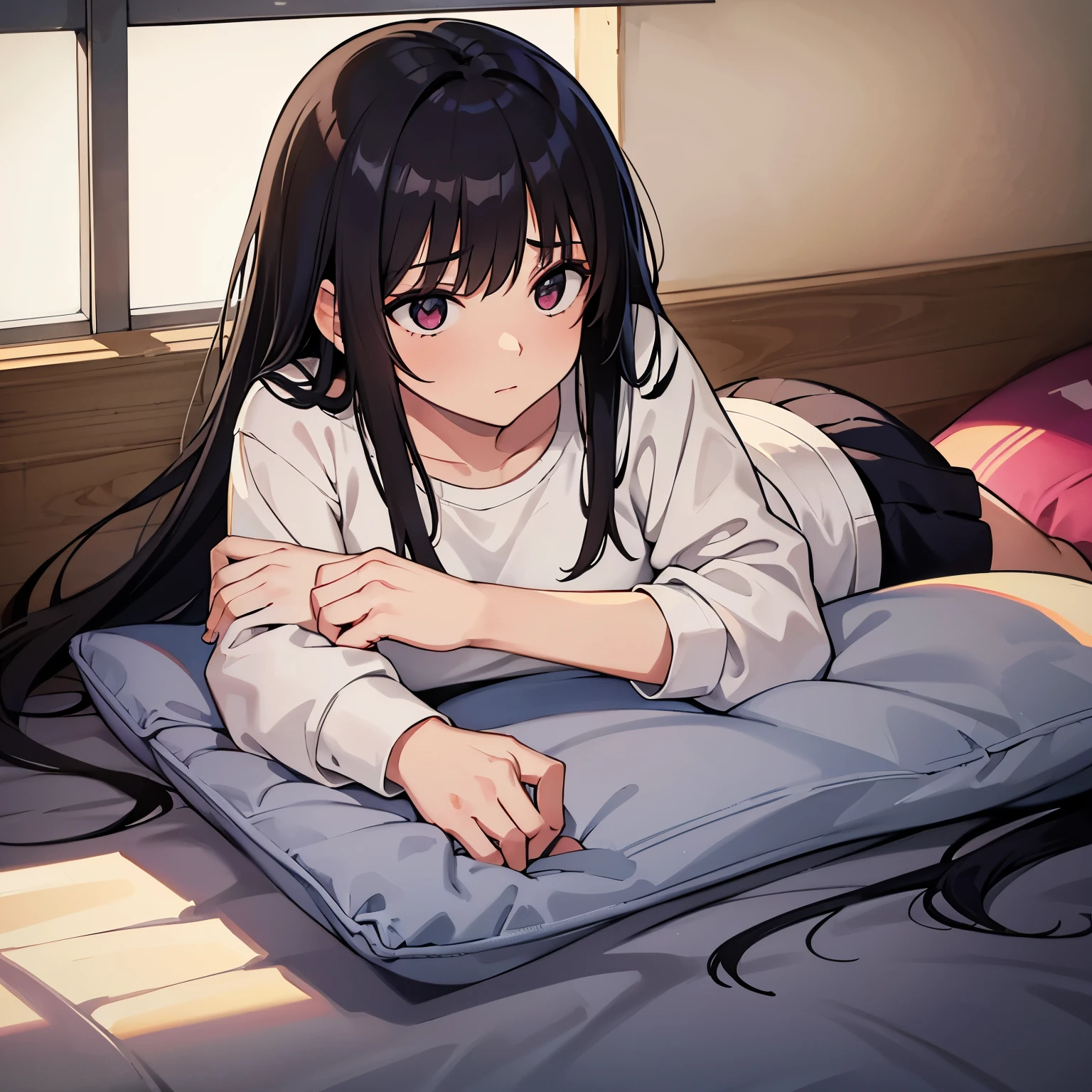 extra small girl with long black hair, masturbating in her bed with open hair exposing her vagina, anime style drawing