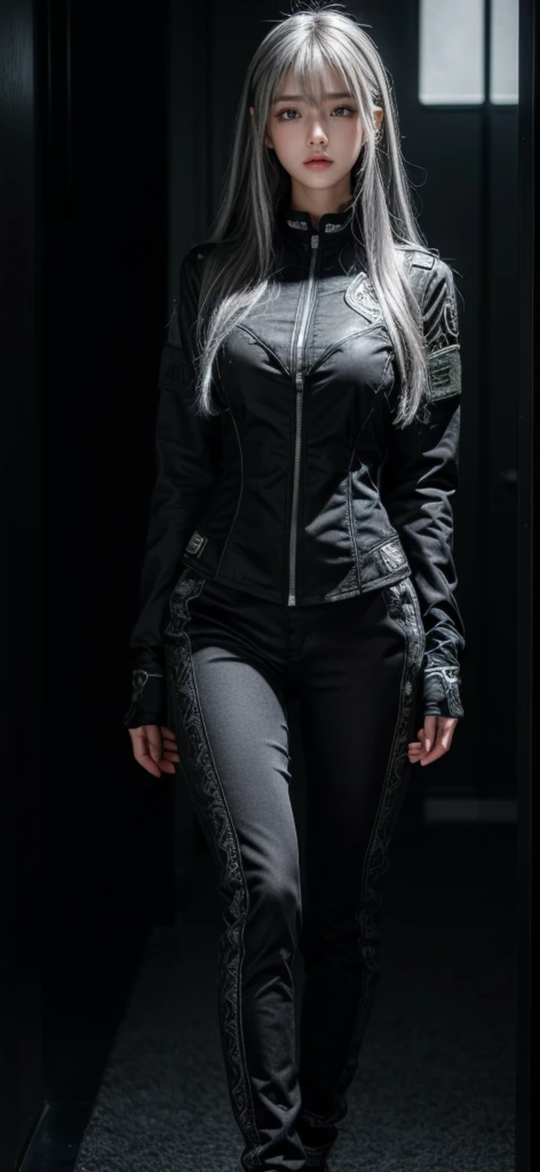 Military Uniforms,pants,black military uniform,whole body,Height: 168cm,almond shape eyes,{{{{{silver eyes}}}}},{{{{{dull bangs}}}}},(slanted eyes},{{whole body},{{{1 girl}}}, long hair, straight hair,{{{{silver hair}}}},{{{tsurime}}},30 years old,{Medium chest},{{bush}},silver eyes,{{{masterpiece}}}, {{{highest quality}}}, {{Super detailed}}, {shape}, {{very delicate and beautiful}},very detailed,detailed perfect,detailed hyper,Abundant thighs,big ass,black clothes