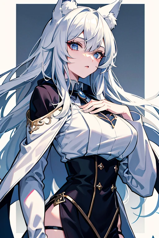 best qualtiy,tmasterpiece,The is very detailed,4K,Gray hair and shallow eyes,Drag cool expressions,Wolf ears,Erect scar on the left eye,British style,1girl,Absolutely beautiful, big bust, white costume