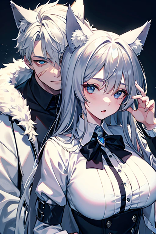 best qualtiy，tmasterpiece，The is very detailed，4K，Gray hair and shallow eyes，Drag cool expressions，Wolf ears，Erect scar on the left eye，British style，1girl，Absolutely beautiful, big bust, white costume