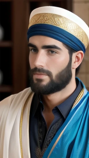 Handsome Middle Eastern man facing slightly left。Wearing a decorative metal headband。