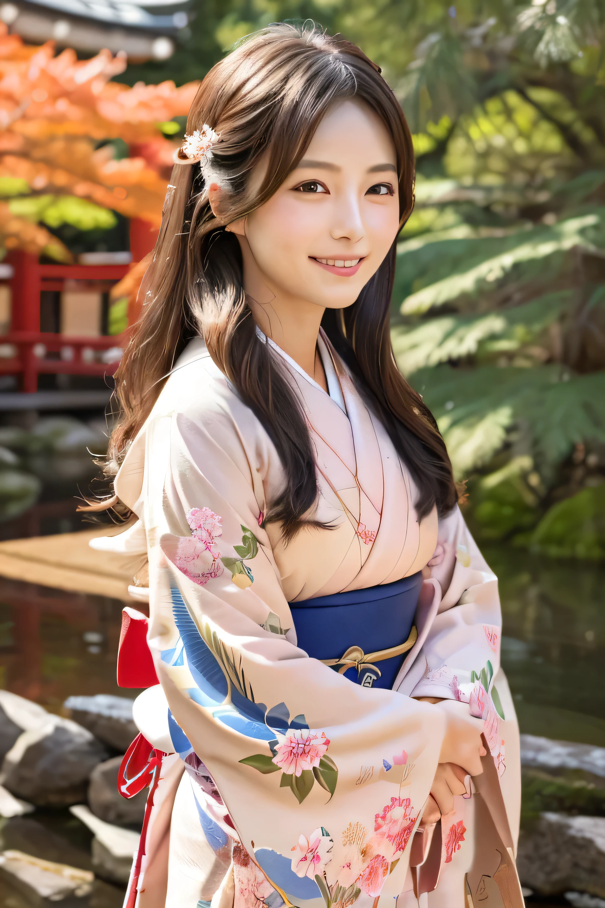 Japanese Model、Age 25、Natural Skin、170cm、60kg、whole body、front、Beautiful fine details, (Long Hair:1.2), (8k, highest quality, masterpiece:1.2), (Realistic, Realistic:1.37), Super detailed, 1 girl, cute, alone, (blush), (smile: 1.15), (Mouth closed)、Arms behind back、Blue kimono、looking at the camera