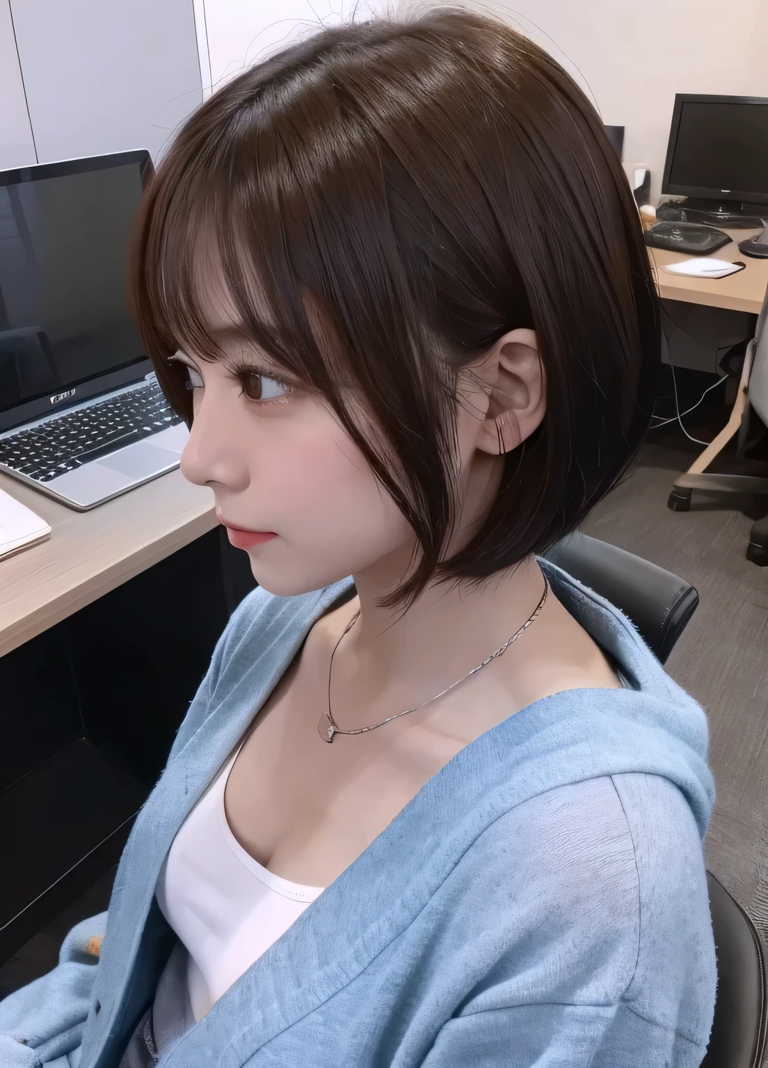 At work、short hair、smile、Red Shirt