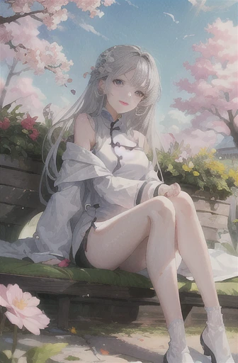 masterpiece, Excellent, daytime, outdoor, Falling Flowers, Branches, China人, China, 1 girl, Perfect Woman, Woman with long silver hair, Gray blue eyes, Light pink lips,  Serious, ,Purple Eyes, White clothes, , Delicate face, Delicate face, Sitting Legs, Smile