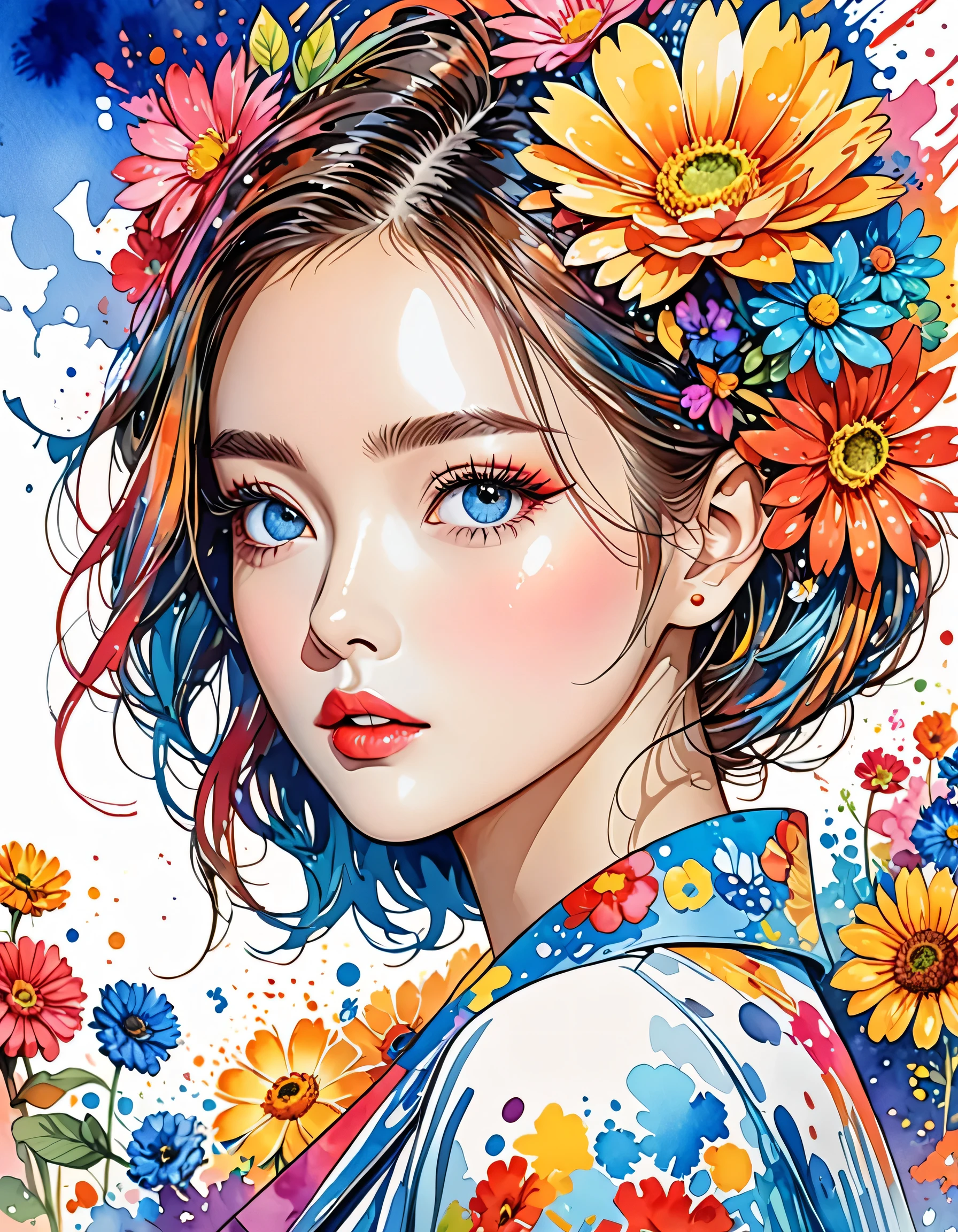 Masayo Style、(((stylish fashion))), 8K Quality、Intense watercolor, Detailed watercolor art, Watercolor splash, Surreal, avant-garde pop art, Beautiful and expressive paintings, Beautiful artwork illustration, Very colorful tones, wonderful, Cool beauty, highest quality、Official Art, Vector art, Stylish design, (((The most beautiful girl))), (((highest quality))), HDR, ((detailed)), (((Doodle Art)), ((masterpiece)), ((Super detailed)), (((Colorful flowers))),(((Stylish)))