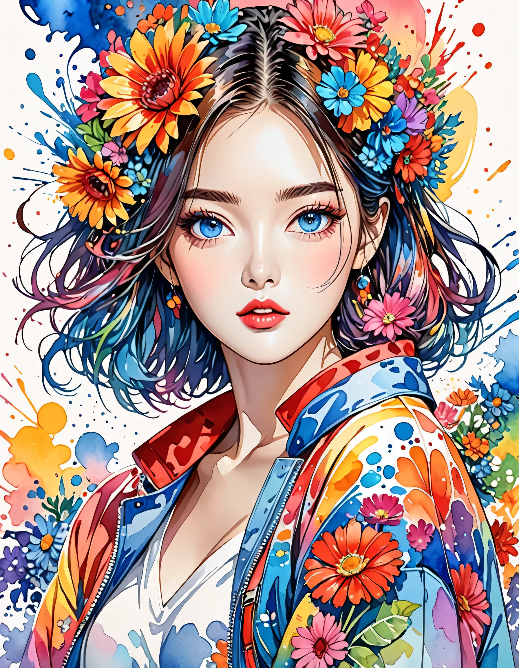 Masayo Style、(((stylish fashion))), 8K Quality、Intense watercolor, Detailed watercolor art, Watercolor splash, Surreal, avant-garde pop art, Beautiful and expressive paintings, Beautiful artwork illustration, Very colorful tones, wonderful, Cool beauty, highest quality、Official Art, Vector art, Stylish design, (((The most beautiful girl))), (((highest quality))), HDR, ((detailed)), (((Doodle Art)), ((masterpiece)), ((Super detailed)), (((Colorful flowers))),(((Stylish)))