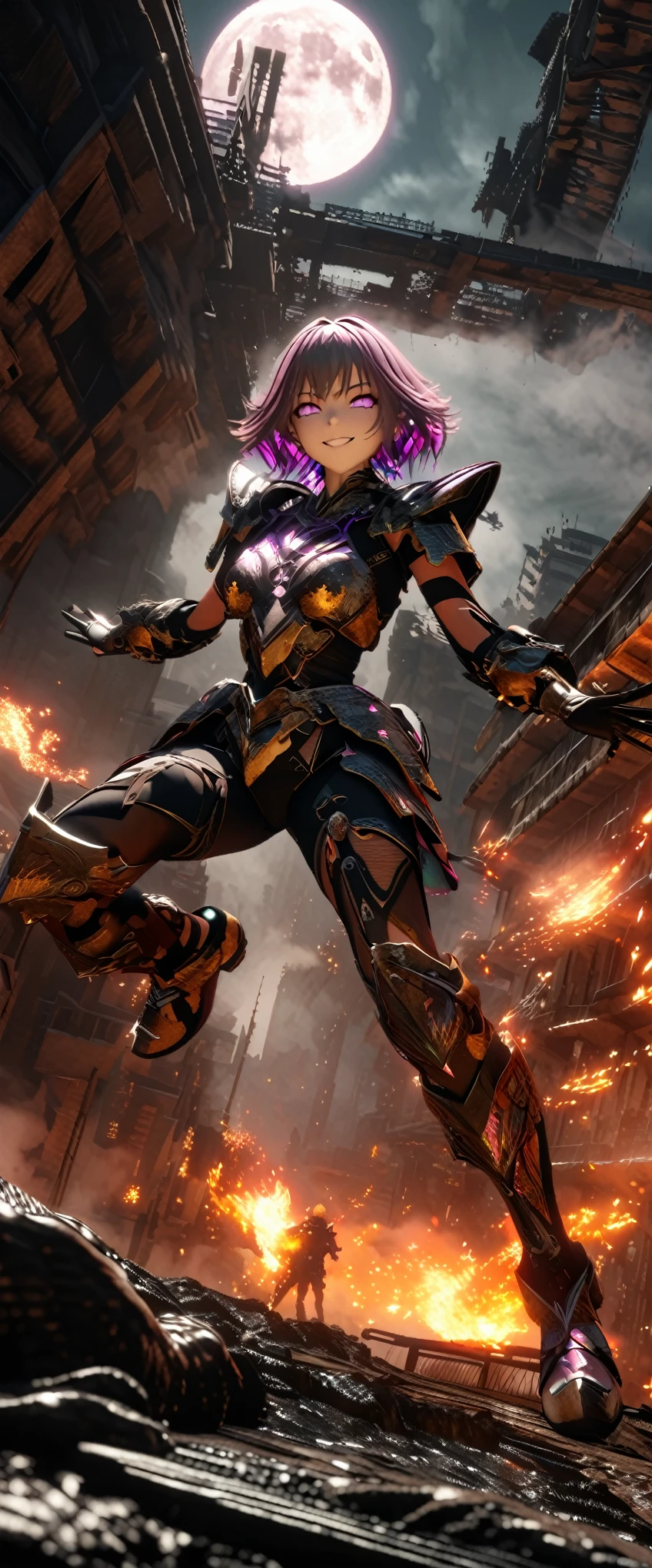 best quality, super fine, 16k, incredibly absurdres, extremely detailed, 3D, delicate and dynamic, ruthless, cool and beautiful female warrior, shining iridescent clairvoyance, rainbow-colored messy wavy short hair, captivating look, aroused expression, teasing smile, grin, lewd smile, heavy armor, heavy beam gun, ominous aura swirls effects, background abandoned city, big red full moon, exposed steel beams, flying glass, sparks, smoke, fog, eerie atmospheric colors, slow-motion effects, dark fantasy