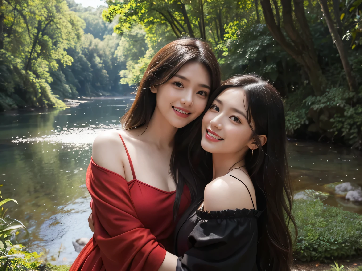 Giorgione painting style,Barbizon forest A beautiful woman in Greek dress smiles on the shore,Sweet and seductive appearance.、Caravaggio's paintings、Chiaroscuro of Caravaggio、hair tousled by the wind,Two women frolicking,cute smile, expression of ecstasy,Sexy,erotic, full body portrait