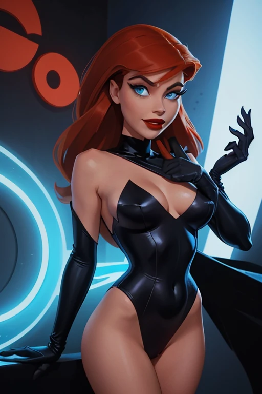 A girl , Timm_Style_NSFW-V1:0.7>, Bruce Timm Style art, narrow waist, full lips, ruby red lips, flowing hair, icy blue eyes, full smile, (pinup pose),babs,by Bruce Timm,Bruce Timm art style,Bruce Timm Style art, hourglass figure, narrow waist, full lips, ruby red lips, flowing hair, icy blue eyes, full smile, (pinup pose), sheer lace bodysuit